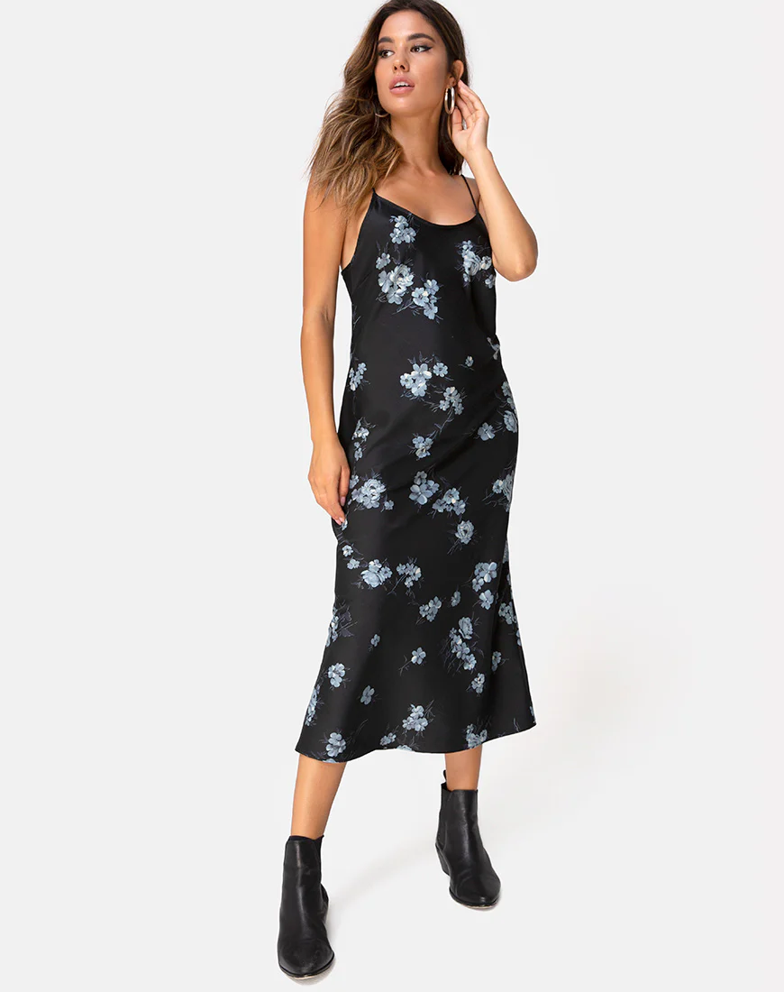 Julia Maxi Dress in Mono Flower Black Satin - Image 3