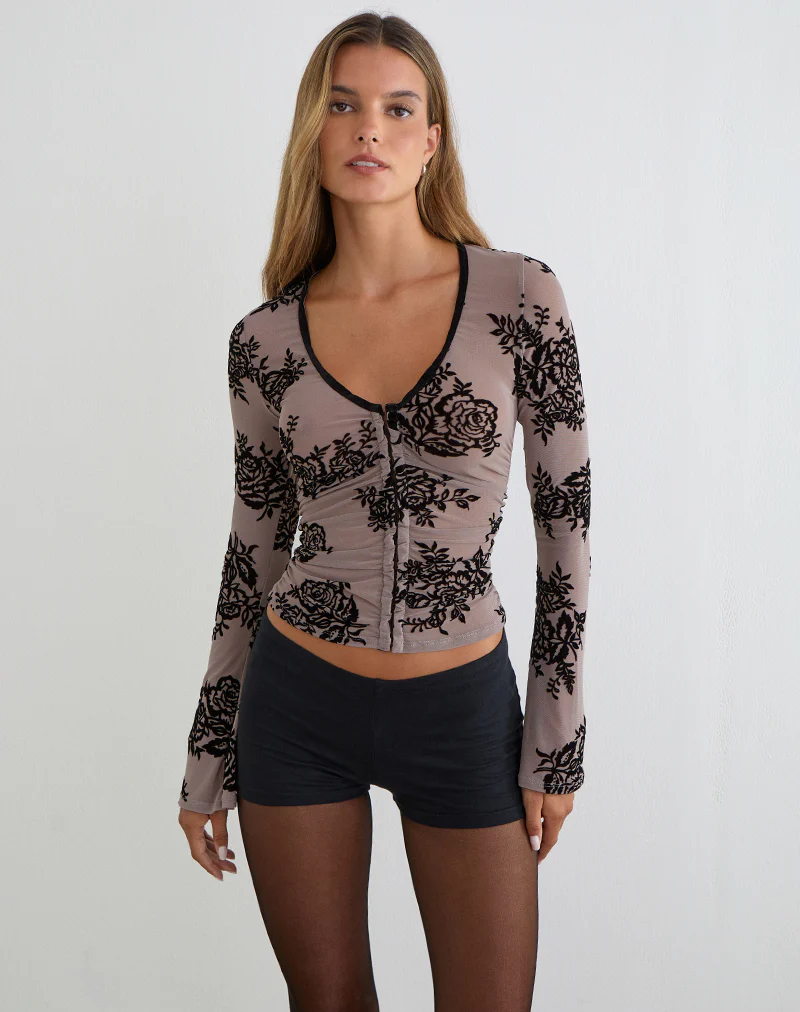 Jumah Top in Taupe Grey with Bold Floral Flock - Image 4