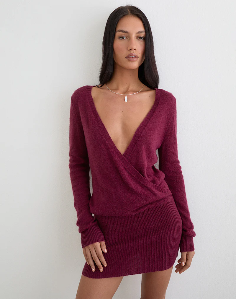 Junbi Wrap Mini Dress in Knit Wine - Image 4