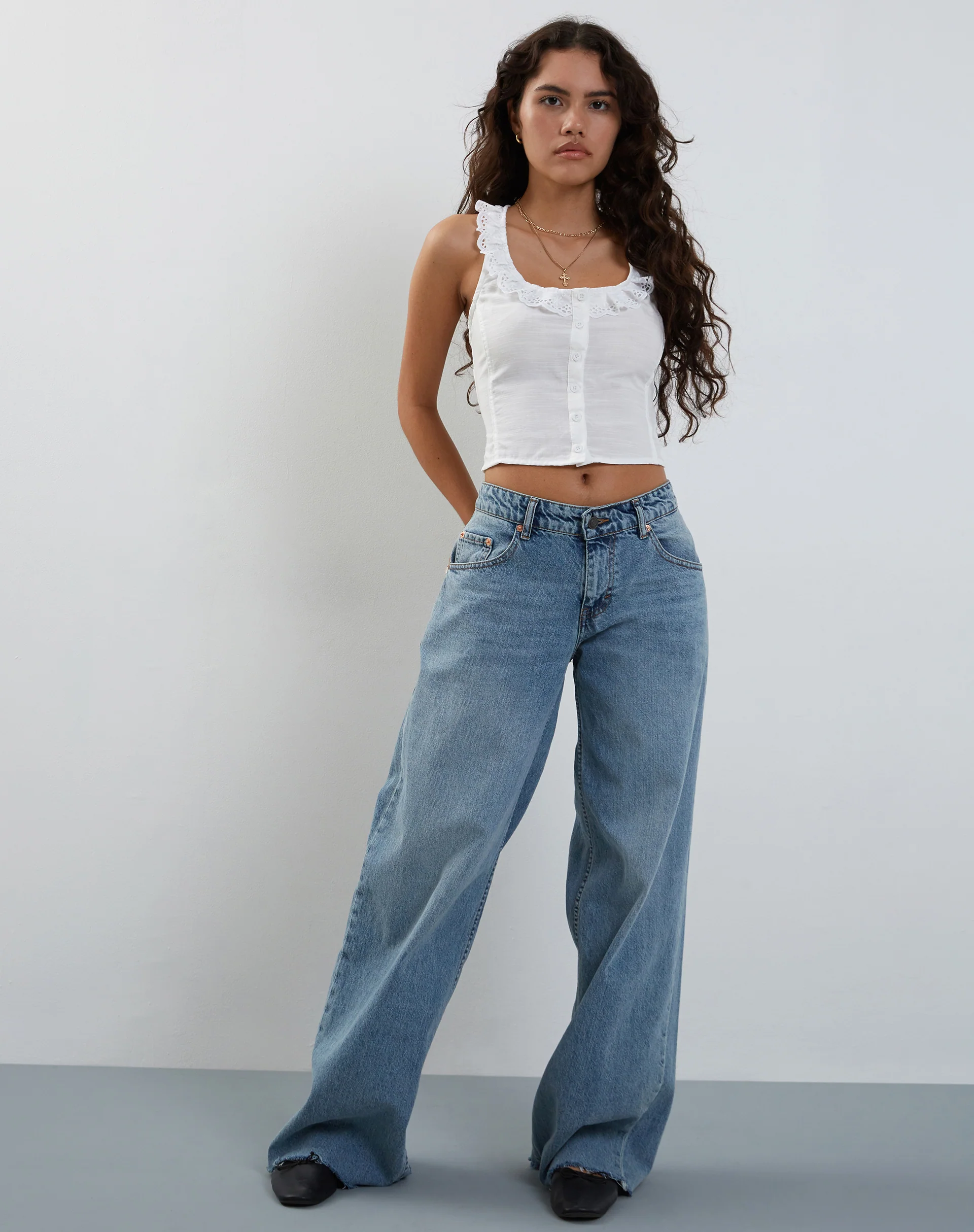 Junko Frill Detail Button Through Top in White - Image 3