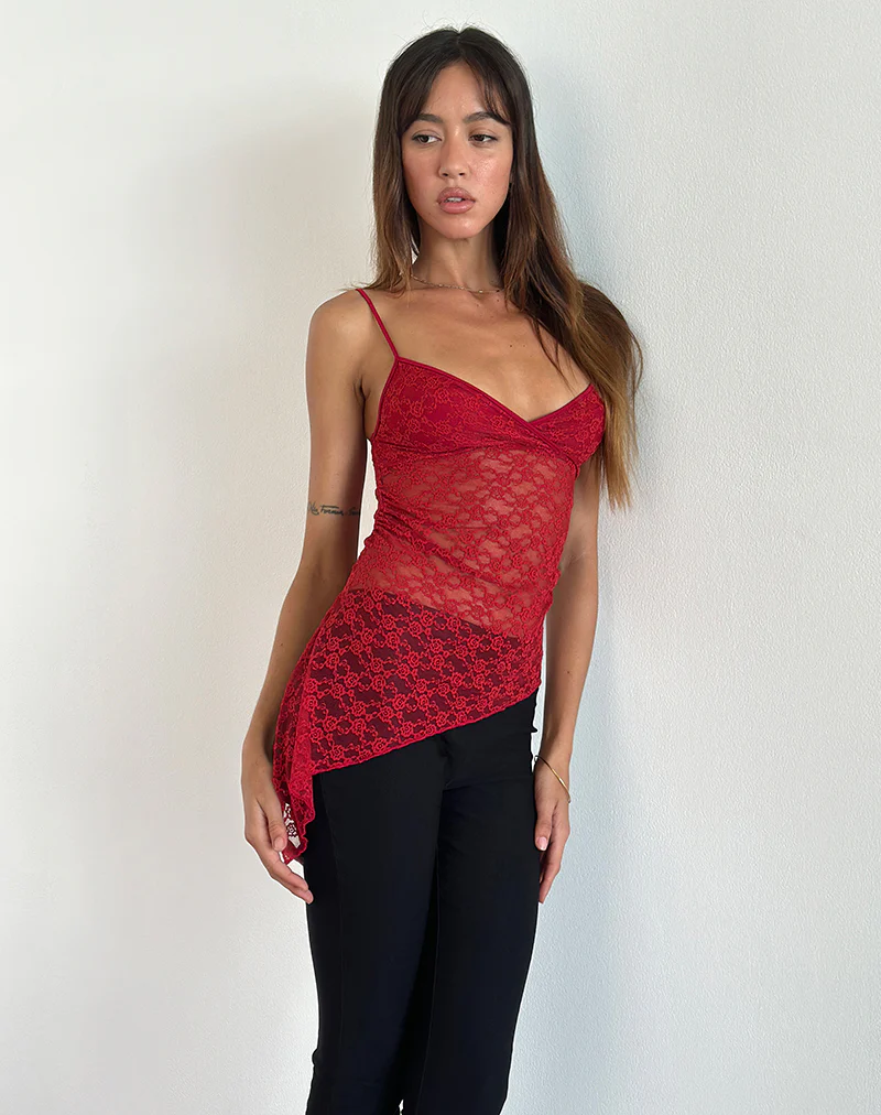 Kacha Asymmetric Cami Top in Red Mari Lace - Image 2
