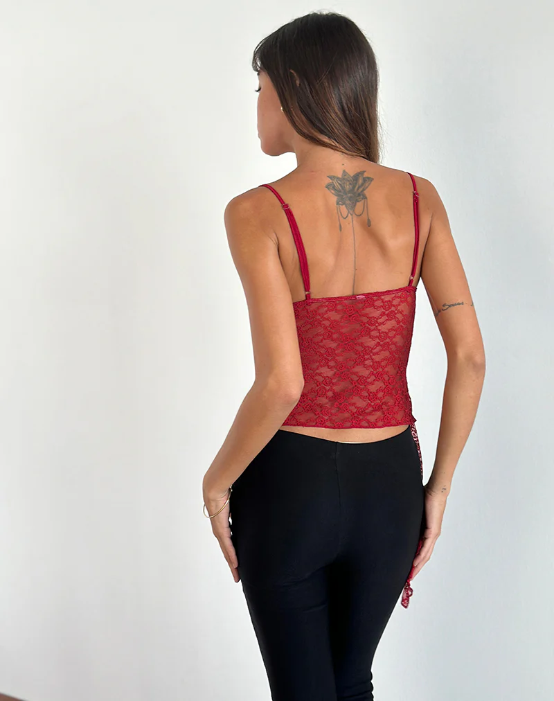 Kacha Asymmetric Cami Top in Red Mari Lace - Image 4