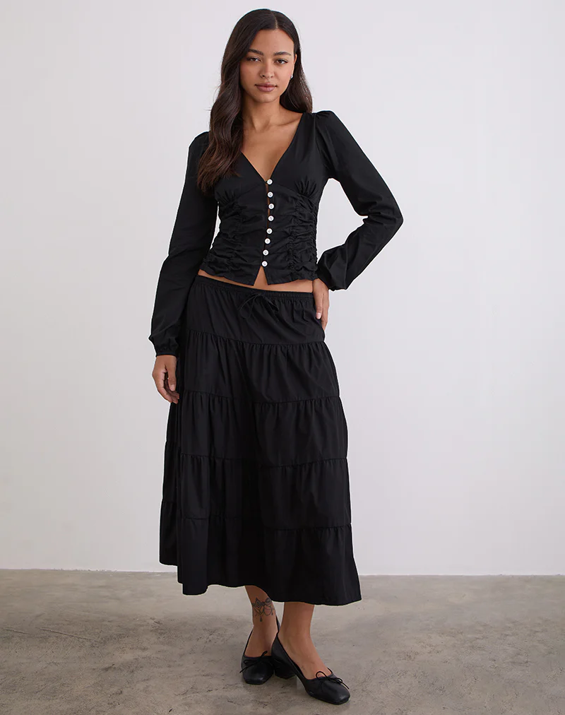 Kadek Fitted Plunge Blouse in Poplin Black - Image 2