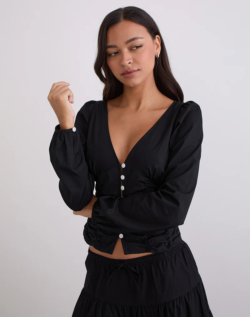 Kadek Fitted Plunge Blouse in Poplin Black - Image 3