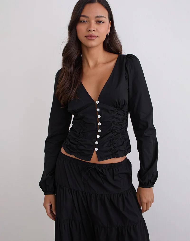 Kadek Fitted Plunge Blouse in Poplin Black - Image 4