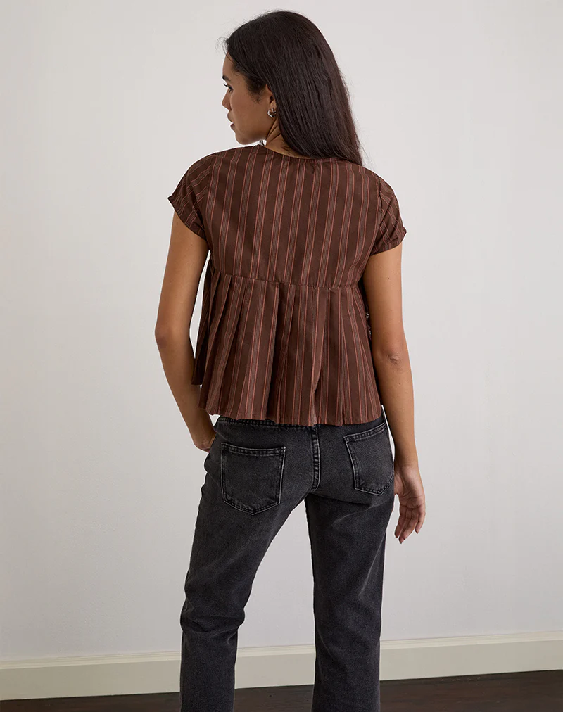 Kaelis Pleated Blouse in Stripe Brown - Image 4