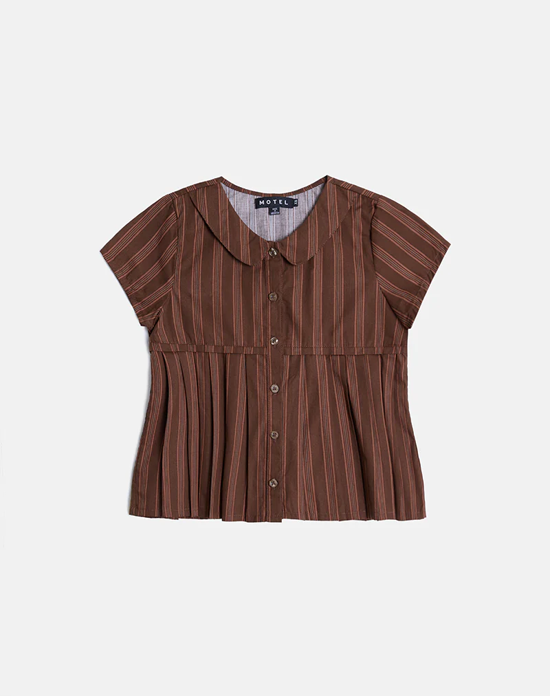 Kaelis Pleated Blouse in Stripe Brown - Image 5