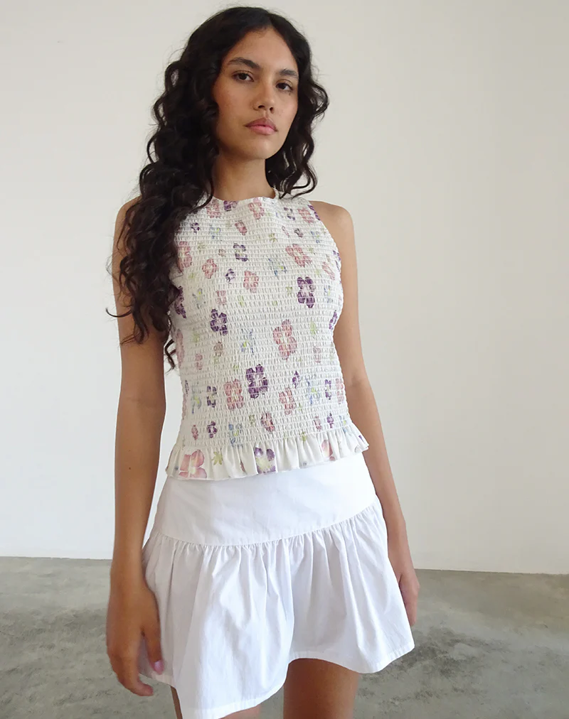 Kagumi Shirred Top in Flower Stamp Purple - Image 2