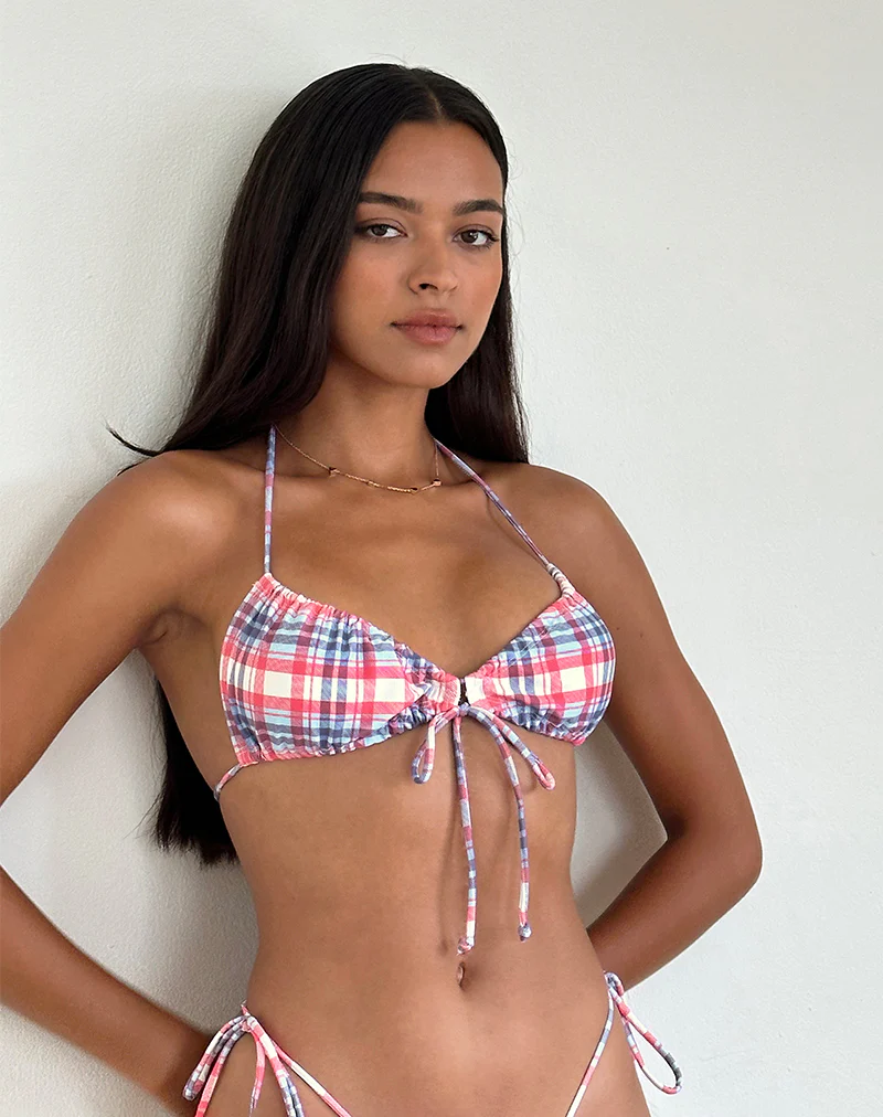 Kaia Bikini Top in Pastel Pink Tartan - Image 2