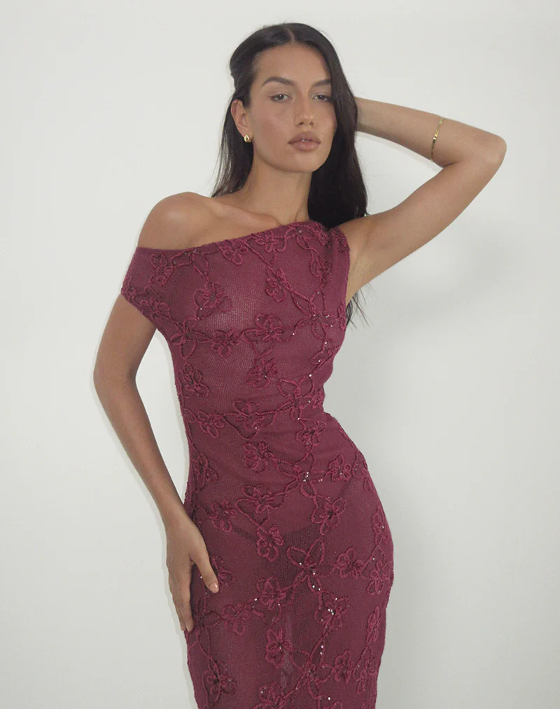 Kaido Midi Dress in Sequin Knit Burgundy - Image 2