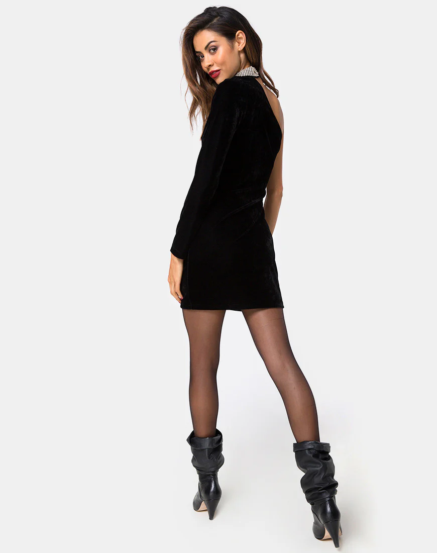 Kaido One Shoulder Bodycon Dress in Velvet Diamond Black - Image 4