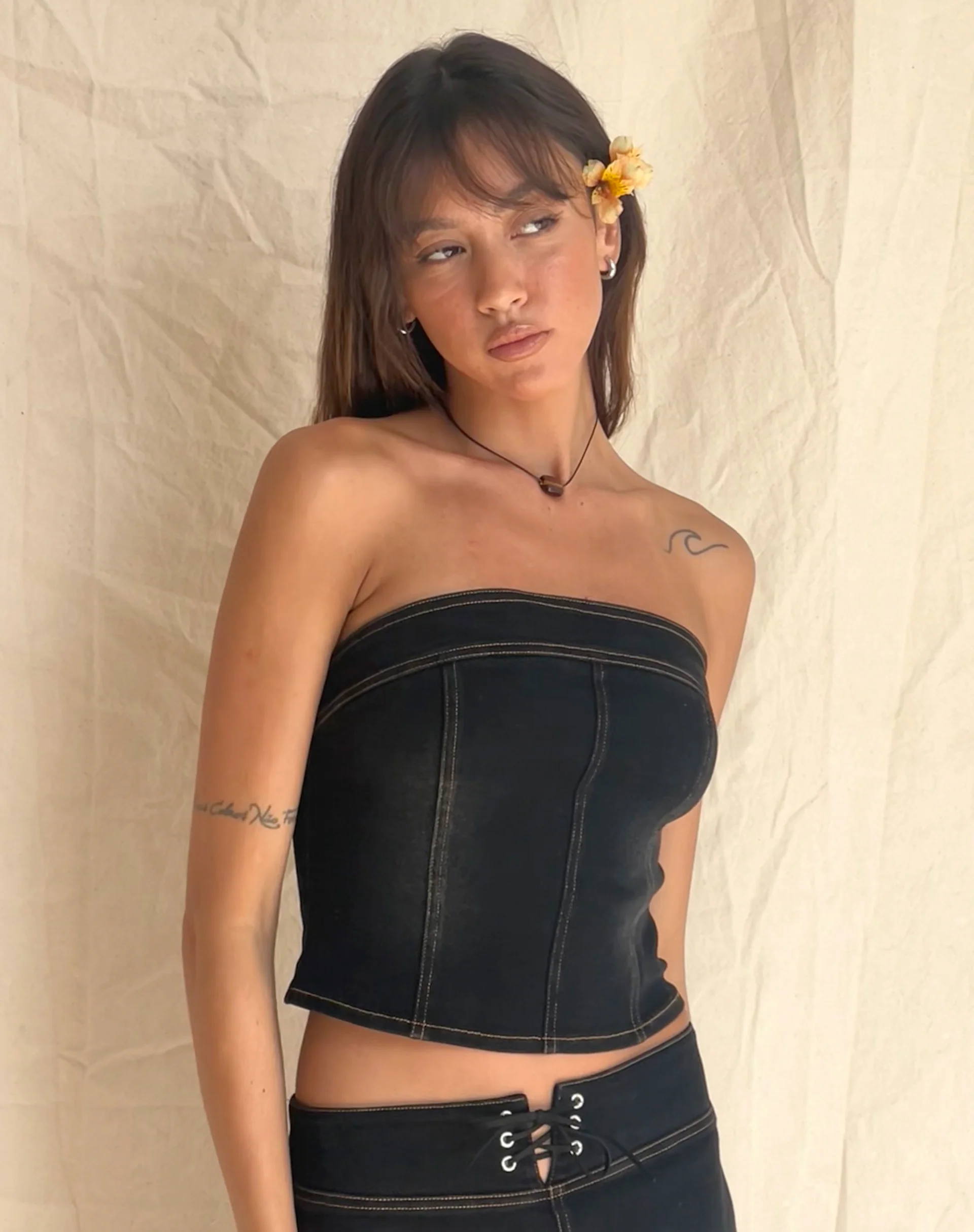 Kaiha Denim Bandeau Corset Top in Black Wash - Image 3