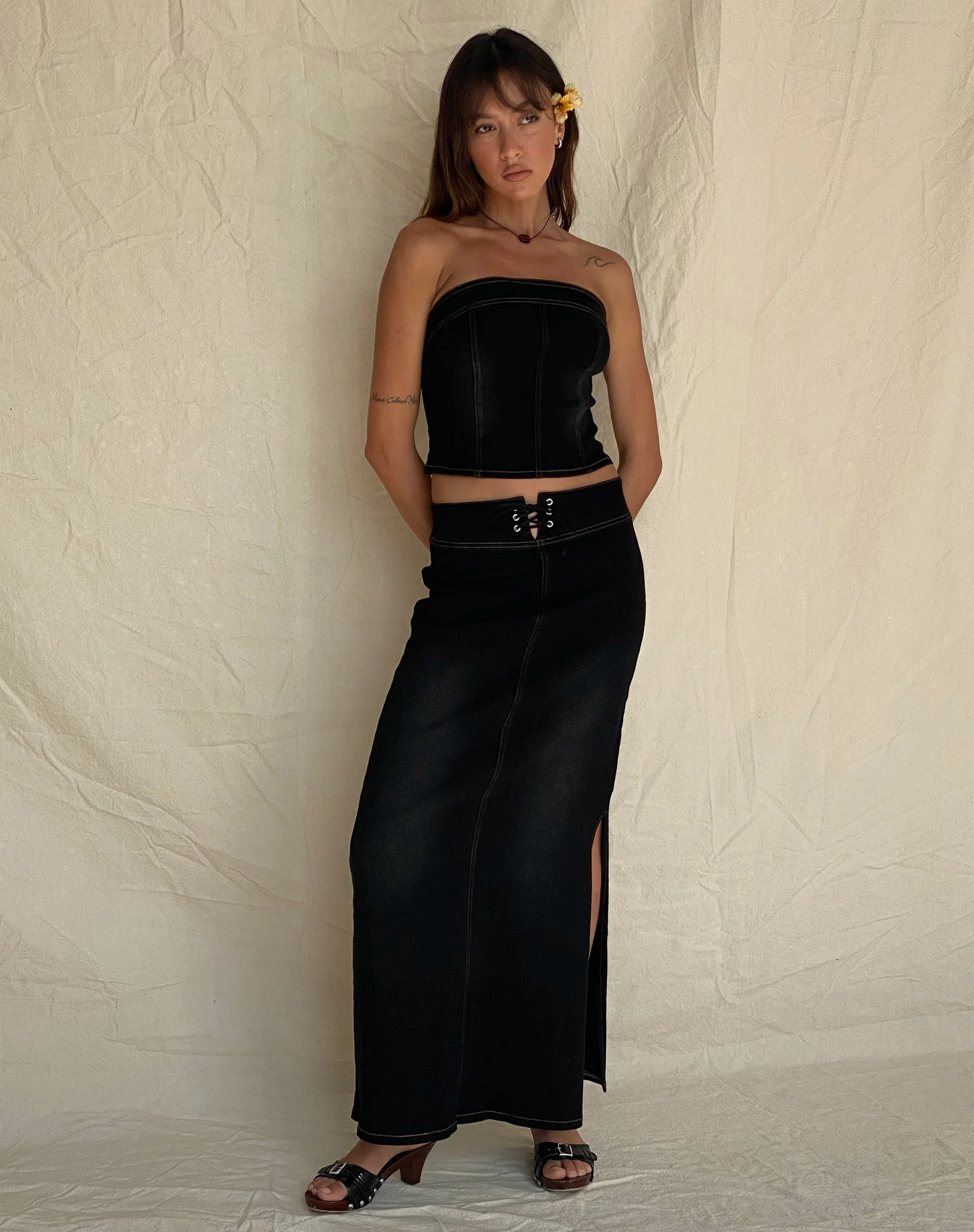 Kaiha Denim Bandeau Corset Top in Black Wash - Image 5
