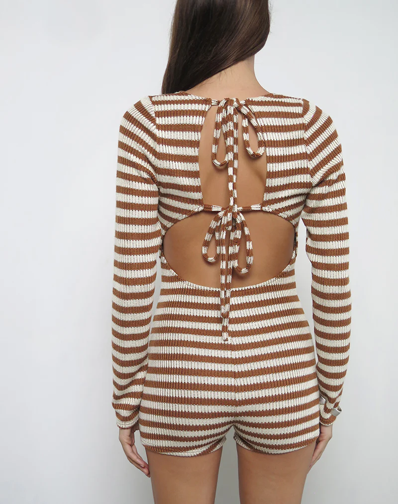 Kaipo Tie Back Playsuit in Brown Ivory Stripe - Image 2