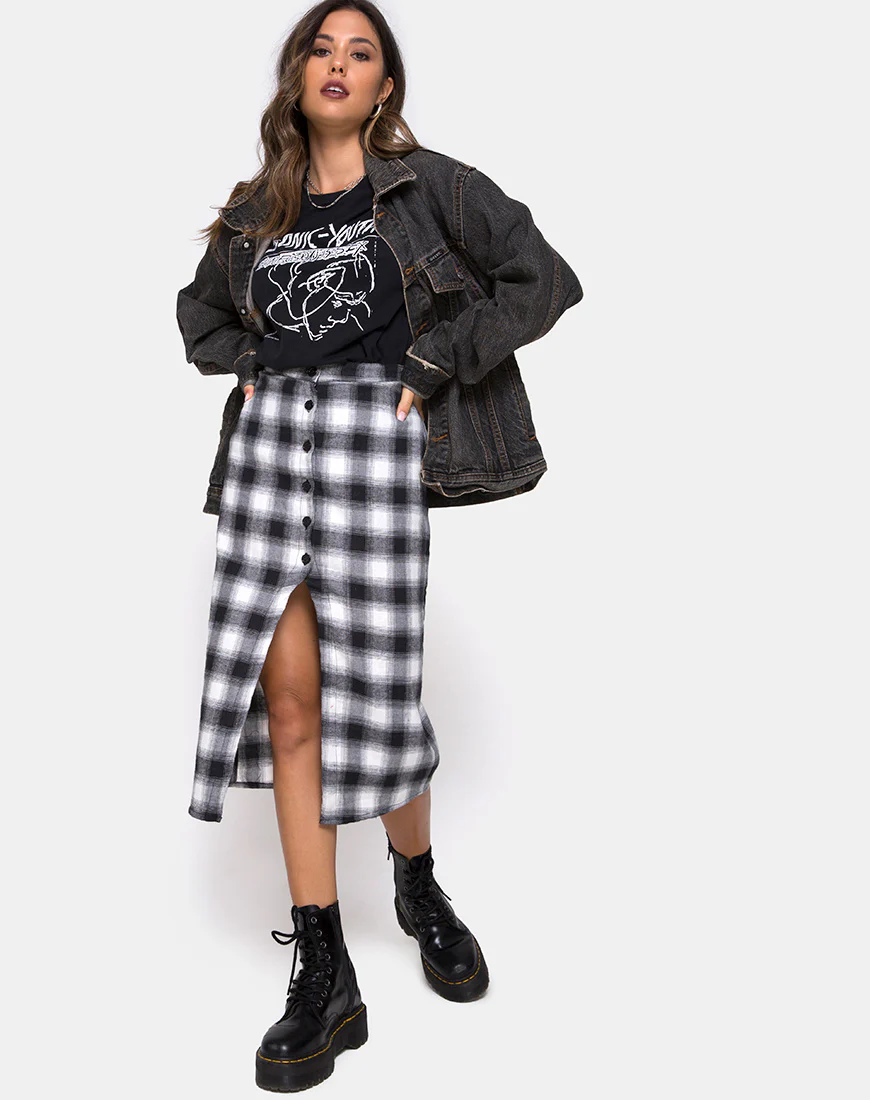 Kaisa Midi Skirt in Plaid Black and White - Image 2