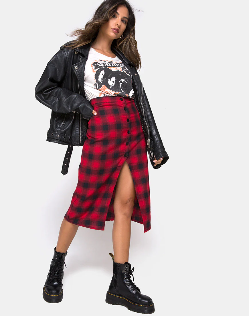 Kaisa Midi Skirt in Plaid Red and Black - Image 2