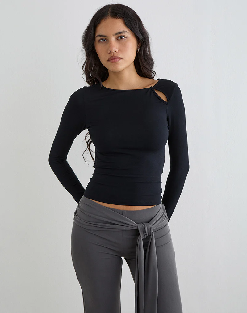 Kalais Long Sleeve Twisted Neckline Top in Black - Image 3