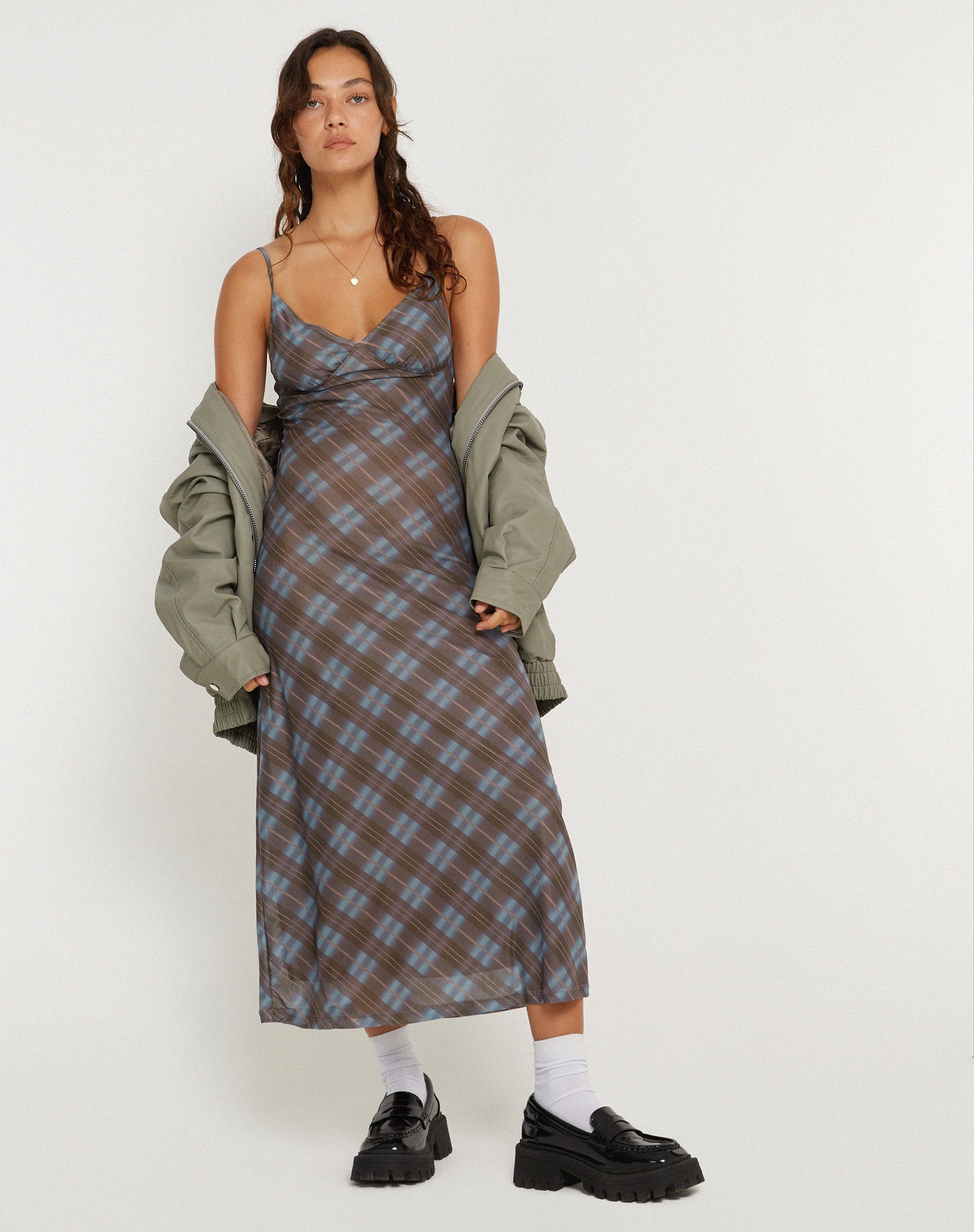 Kalana Midi Dress in Green Blurred Check Dark Olive - Image 2