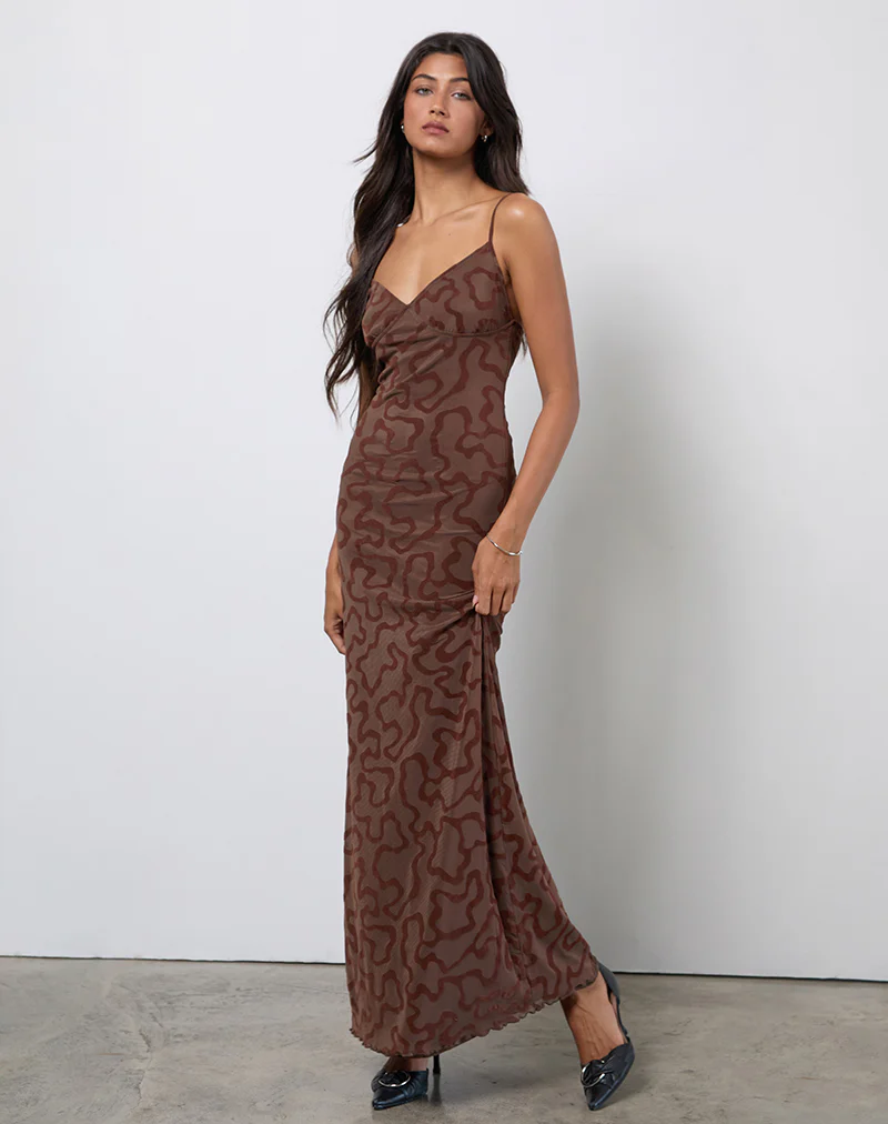 Kalana Maxi Dress in Brown Swirl Flock - Image 2