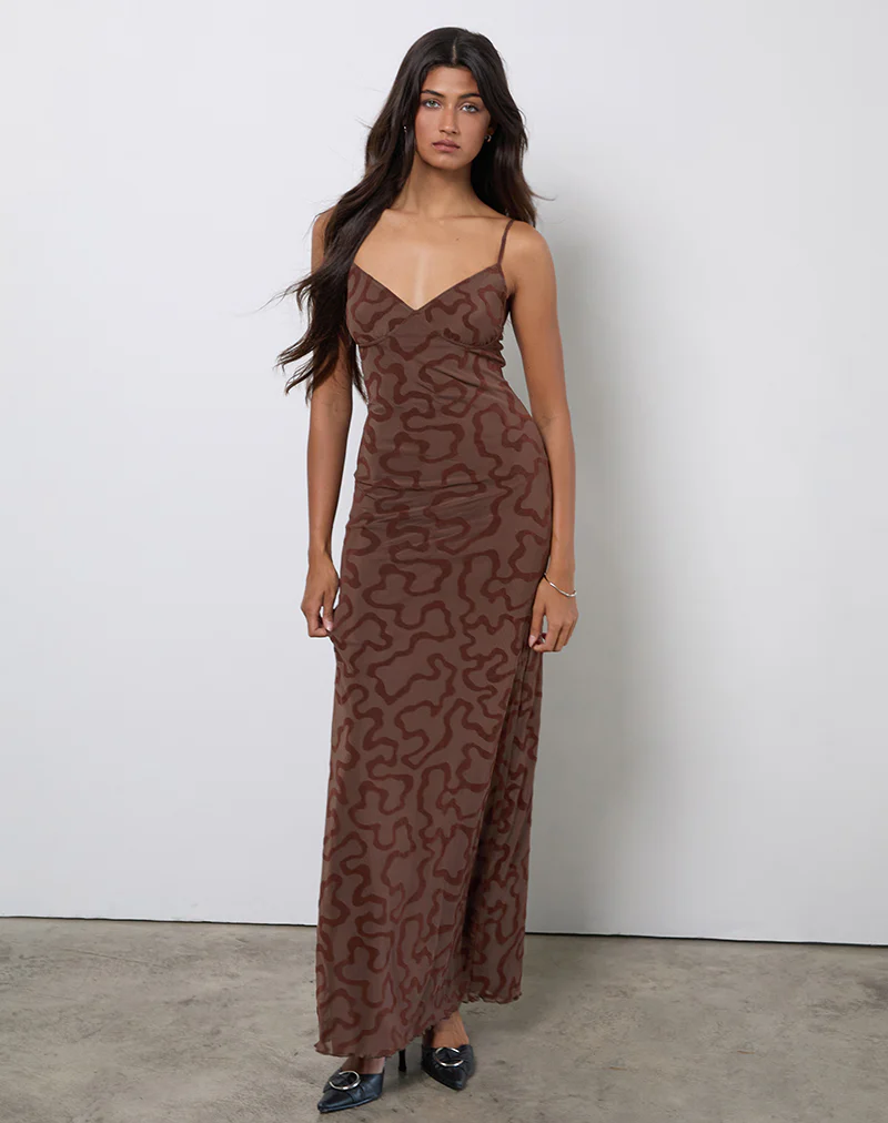 Kalana Maxi Dress in Brown Swirl Flock - Image 3