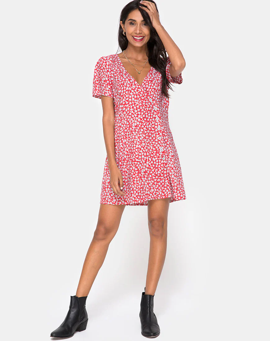 Kalea Dress in Ditsy Rose Red and Silver - Image 3