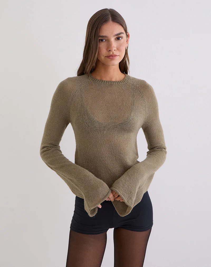 Kaleo Roll Edge Jumper in Knit Khaki - Image 2