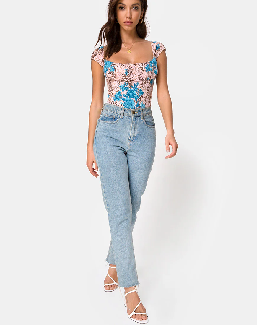 Kalina Bodice in Jungle Flower Blue and Cream - Image 3