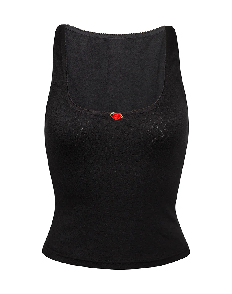 Kalinda Top in Pointelle Black with Frill Trim - Image 5