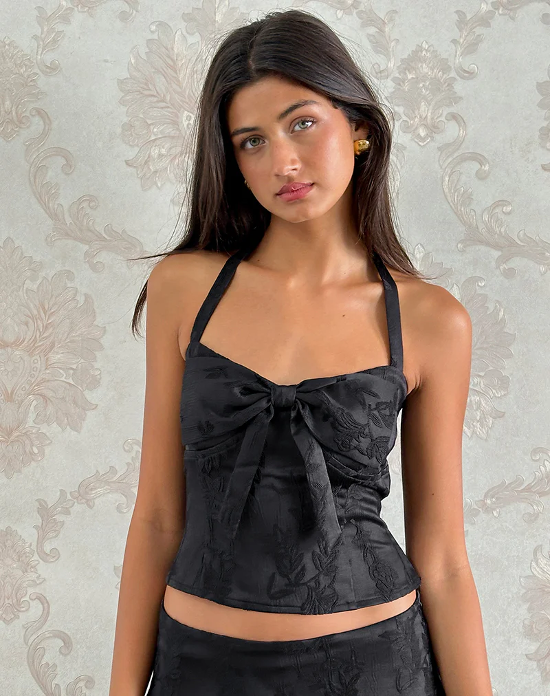 Kampi Halter Top in Satin Jacquard Black - Image 4