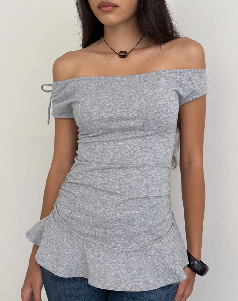 Kanao Bardot Frill Top in Grey Marl - Image 2