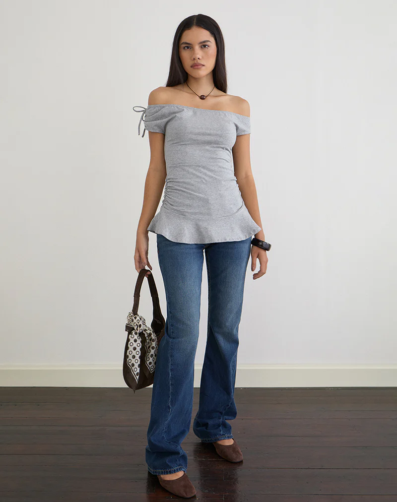 Kanao Bardot Frill Top in Grey Marl - Image 3