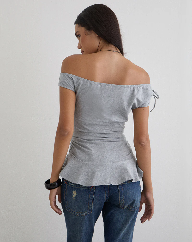 Kanao Bardot Frill Top in Grey Marl - Image 4