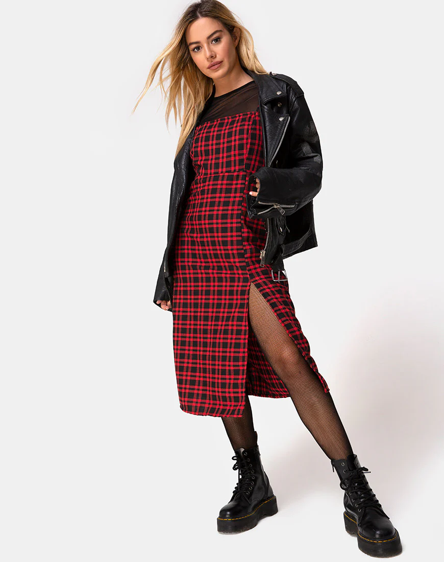 Kaoya Midi Dress in Check Red and Black - Image 3