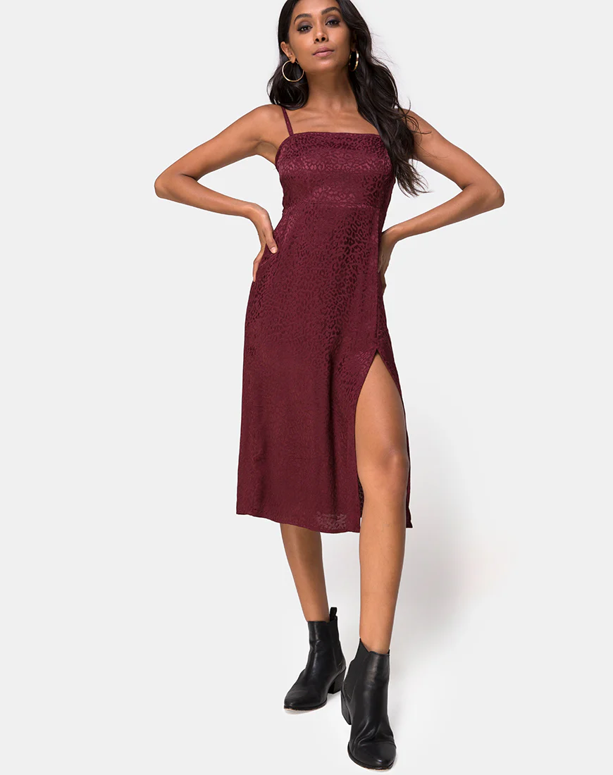 Kaoya Midi Dress in Satin Cheetah Burgundy - Image 3
