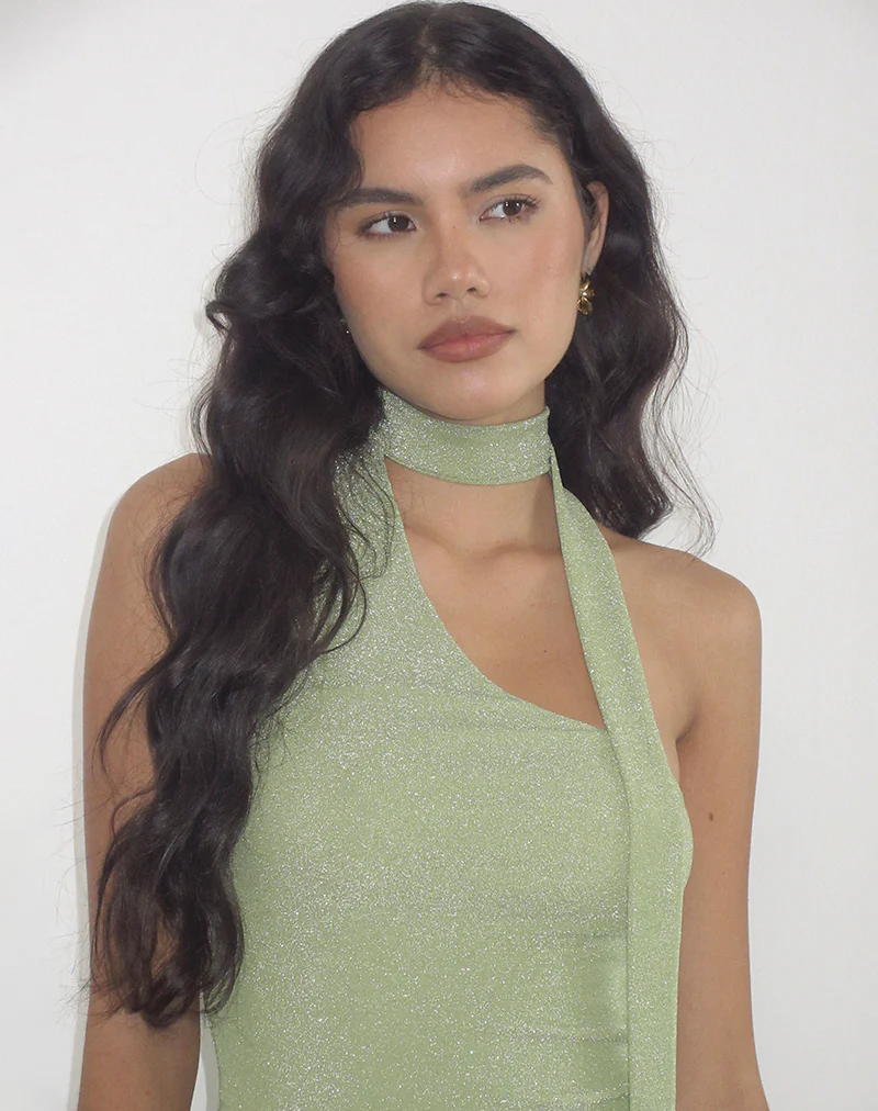 Karasi Tie Neck Top in Shimmer Lurex Green - Image 3