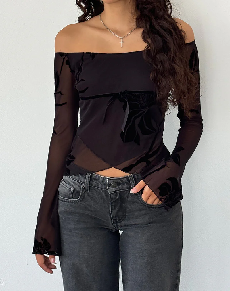 Kareena Long Sleeve Bardot Top in Orchid Flock Black - Image 4