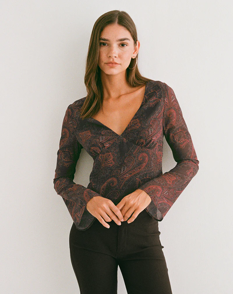 Karilo Long Sleeve Top in Chiffon Royal Paisley Burgundy - Image 2
