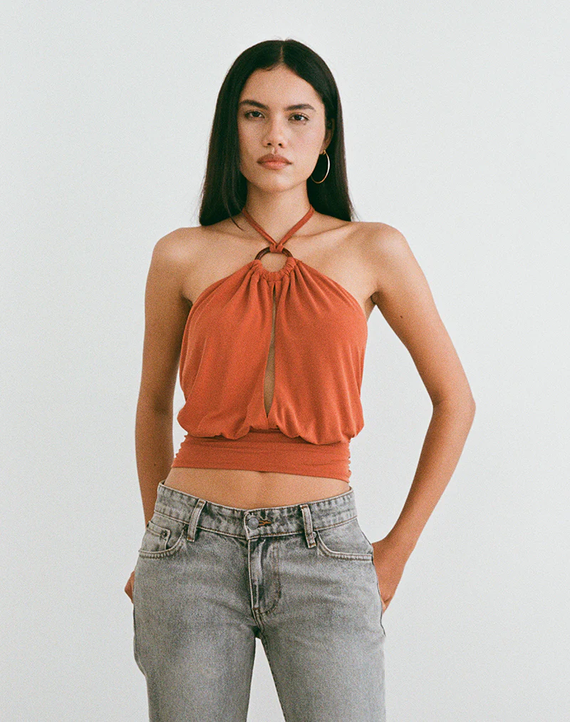 Karise Plunge Top in Cupro Burnt Orange - Image 5