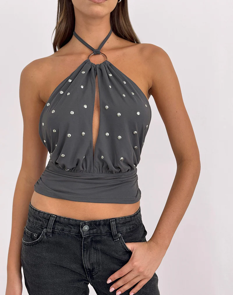 Karise Plunge Top in Cupro Charcoal Grey - Image 2