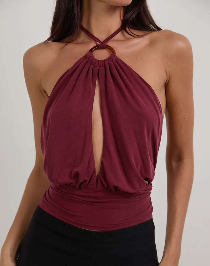 Karise Plunge Top in Cupro Dark Red - Image 5