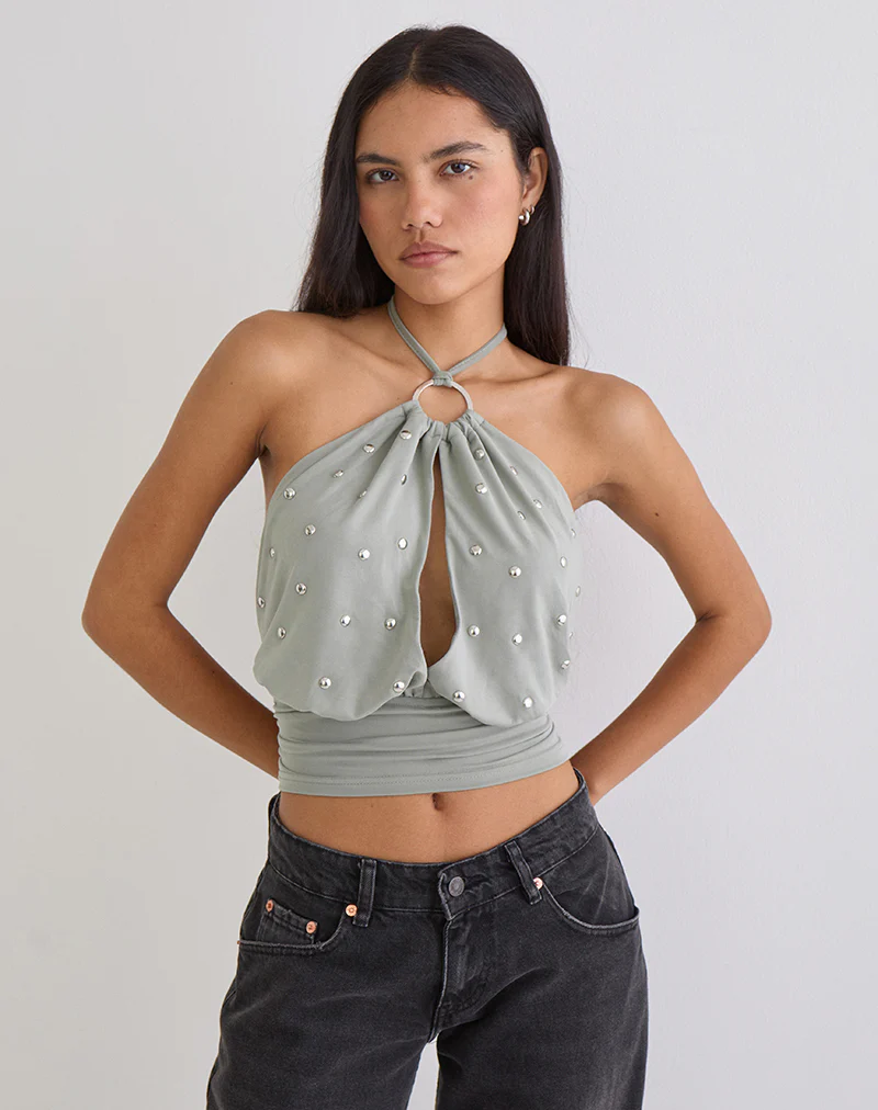 Karise Plunge Top in Cupro Light Grey - Image 5
