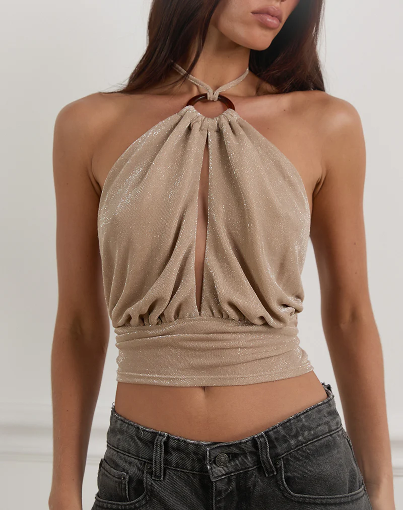 Karise Plunge Top in Glitter Lurex Mesh Cream - Image 3