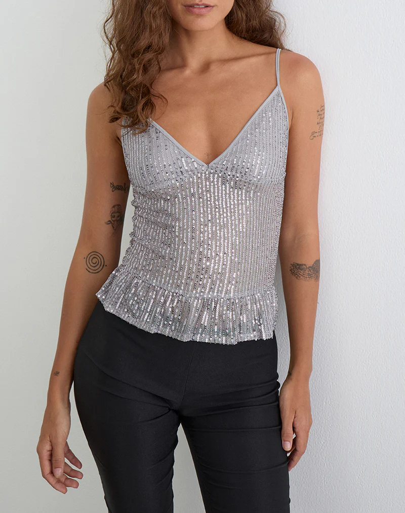 Karka Cami Top in Drape Sequin Grey - Image 2