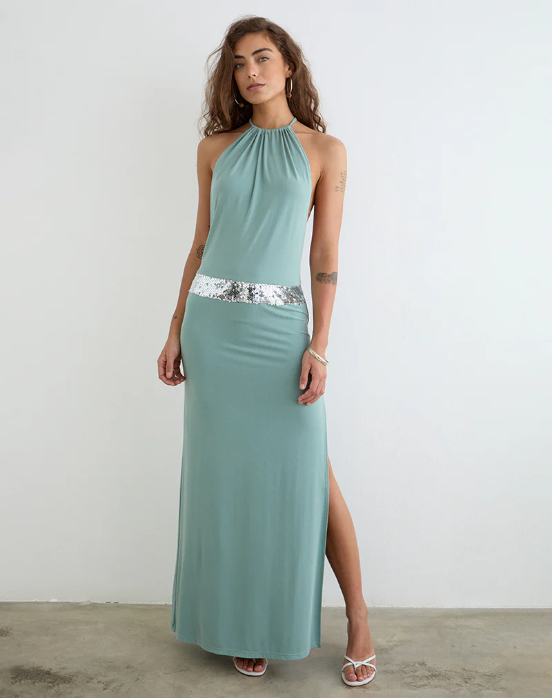 Karuna High Neck Maxi Dress in Aqua Grey - Image 2