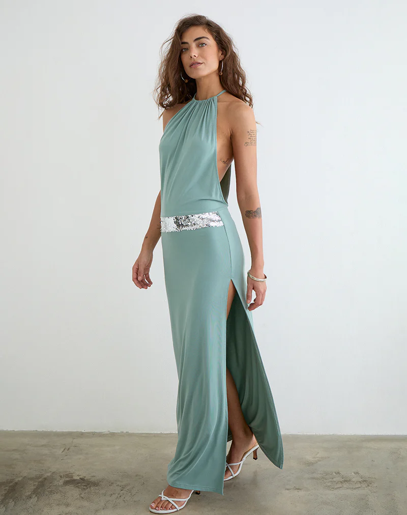 Karuna High Neck Maxi Dress in Aqua Grey - Image 4