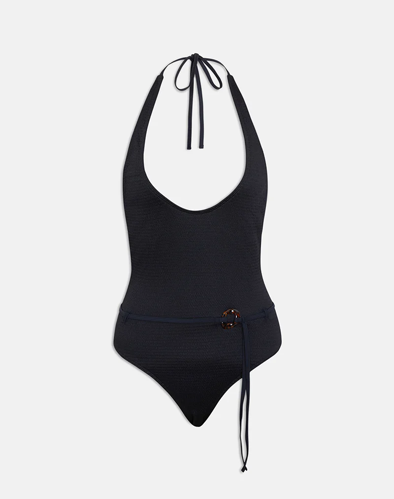 Kasem Plunge Swimsuit in Textured Black with Tie Belt - Image 6