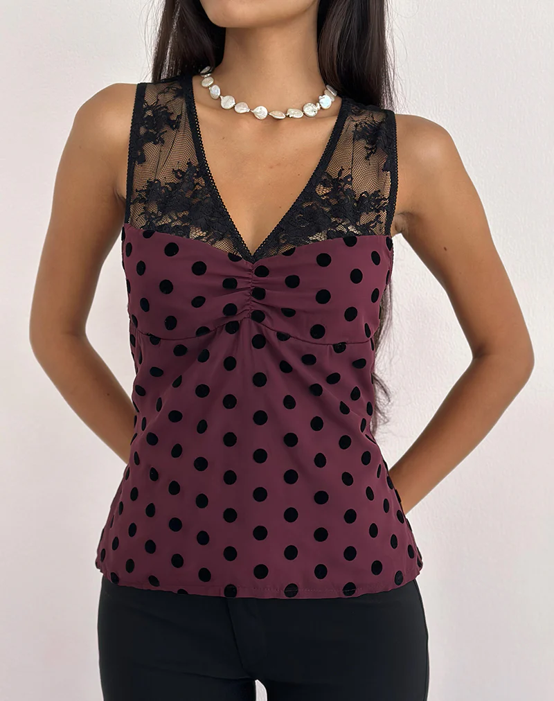Kasia V-Neck Top in Vintage Polka Maroon - Image 2