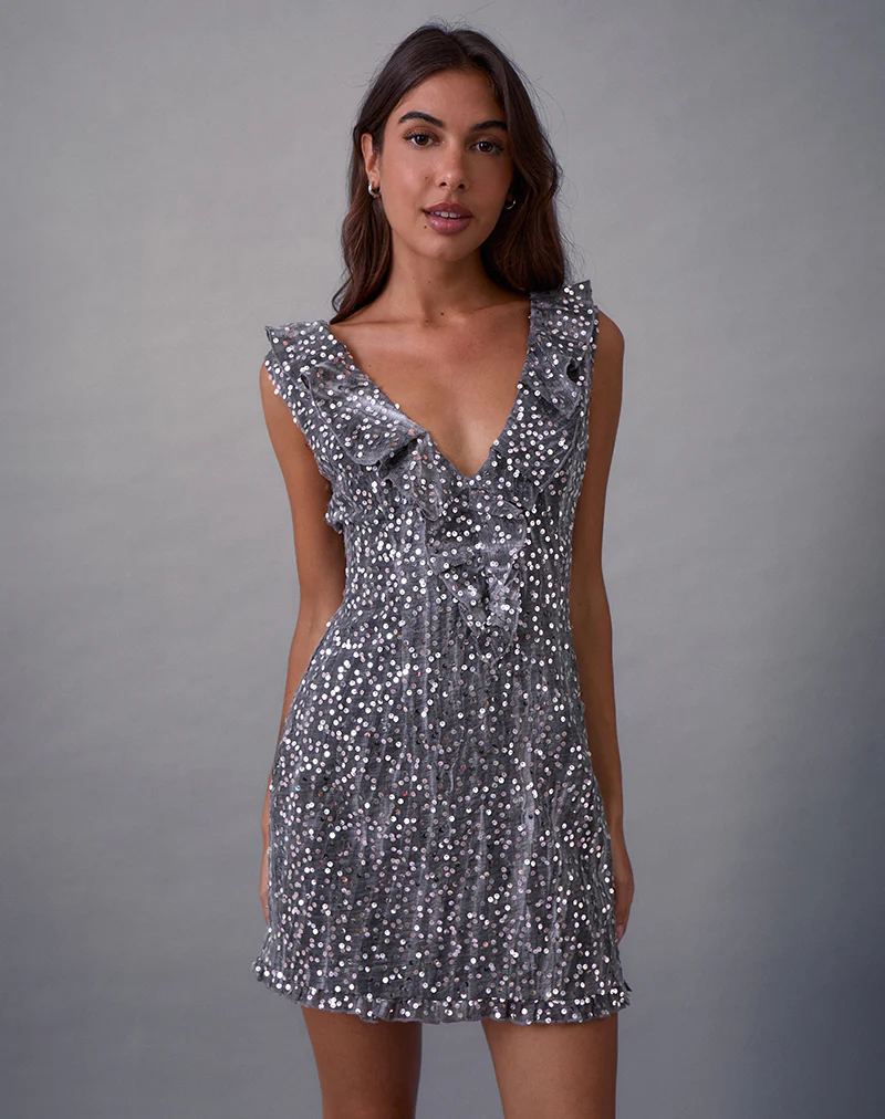 Kasuya Mini Dress in Chiffon Sequin Grey - Image 3