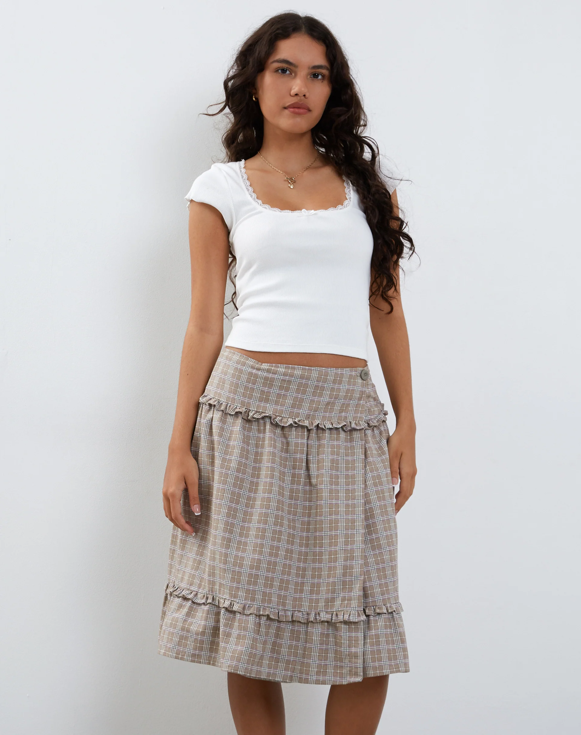 Kasya Frill Hem Wrap Midi Skirt in Taupe Check - Image 2