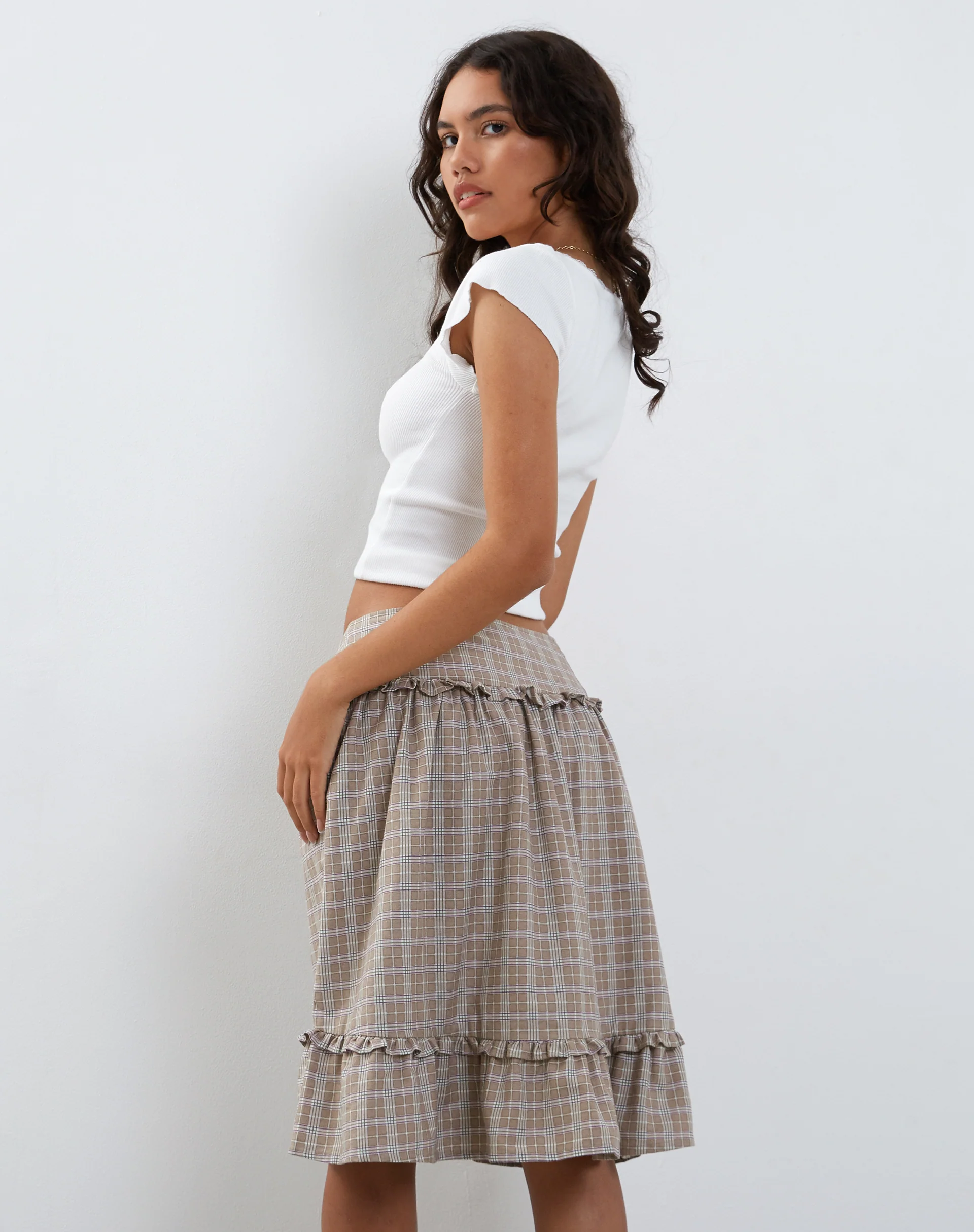 Kasya Frill Hem Wrap Midi Skirt in Taupe Check - Image 3